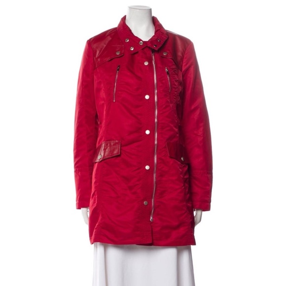 Samantha Sipos Red Leather Trim Coat Small NWT Stand Collar Zip Pockets Luxe - Picture 5 of 7